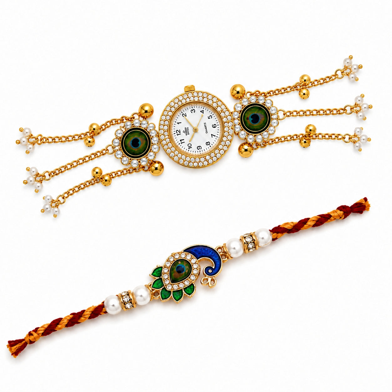 Peacock Designer Rakhi with Bhaiya Bhabhi Watch Bracelet Set