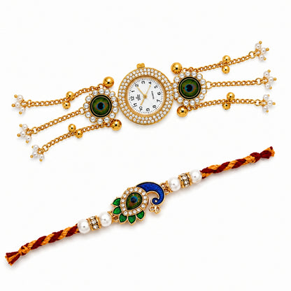 Peacock Designer Rakhi with Bhaiya Bhabhi Watch Bracelet Set