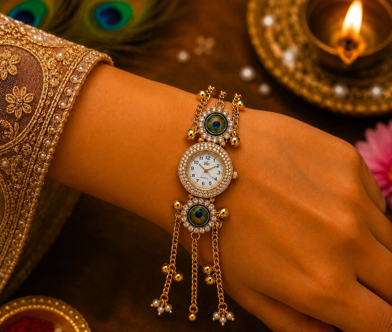 Peacock Designer Rakhi with Bhaiya Bhabhi Watch Bracelet Set