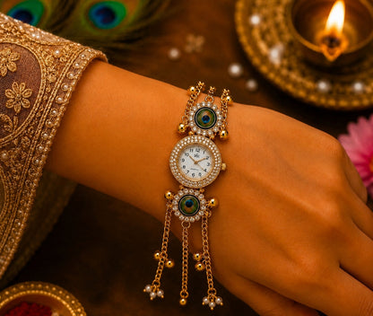Peacock Designer Rakhi with Bhaiya Bhabhi Watch Bracelet Set