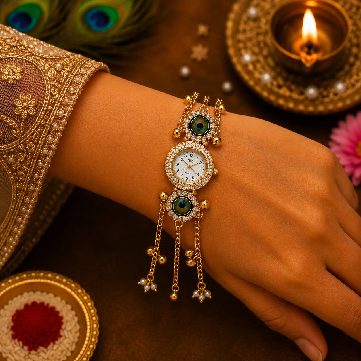 Peacock Designer Rakhi with Bhaiya Bhabhi Watch Bracelet Set