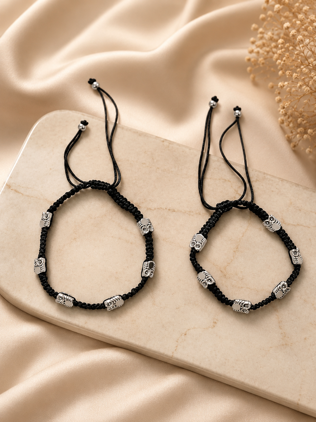 Oxidised Silver-Tone Owl Charm Black Thread Anklet Pair