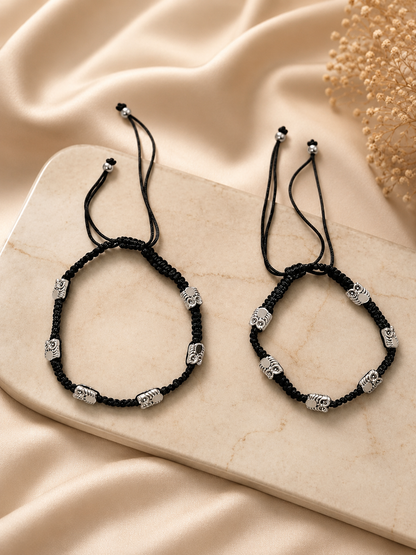 Oxidised Silver-Tone Owl Charm Black Thread Anklet Pair