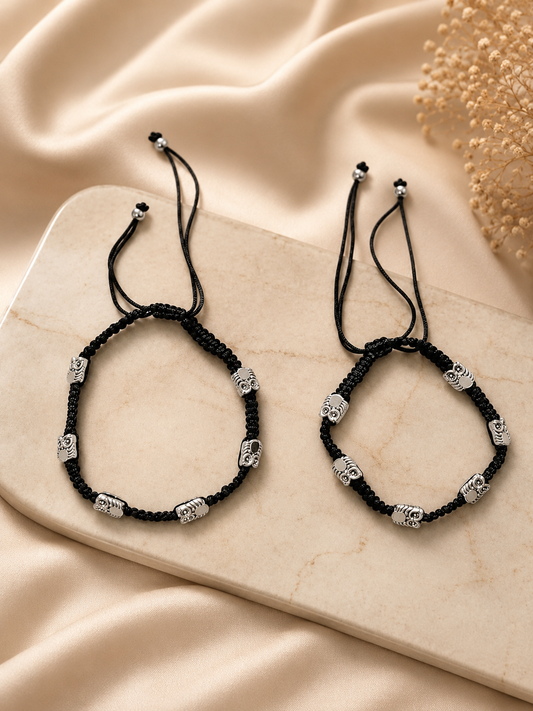 Oxidised Silver-Tone Owl Charm Black Thread Anklet Pair