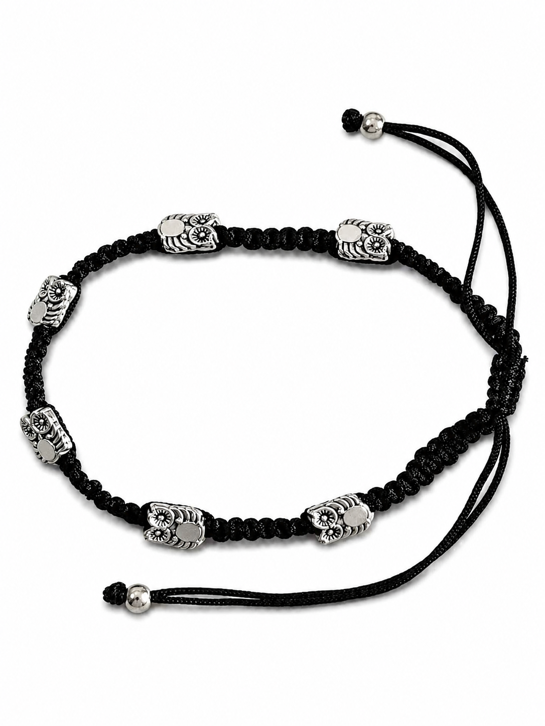 Oxidised Silver-Tone Owl Charm Black Thread Anklet Pair