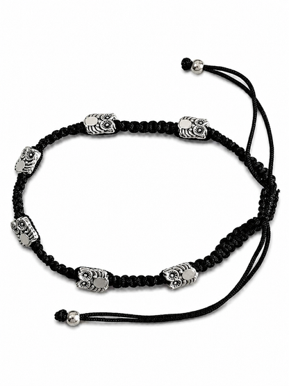 Oxidised Silver-Tone Owl Charm Black Thread Anklet Pair