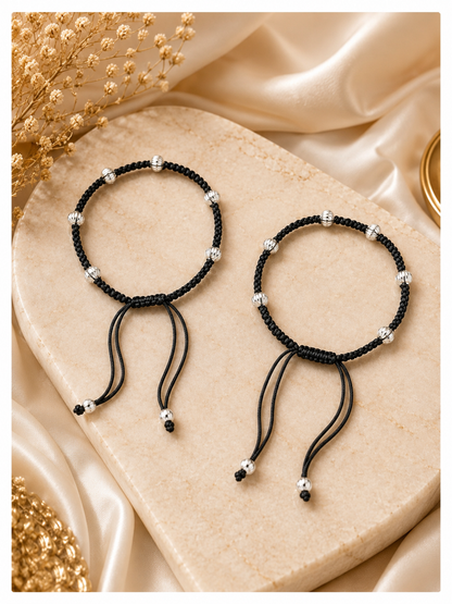 Oxidised Silver-Tone Beaded Black Thread  Adjustable Anklet Pair