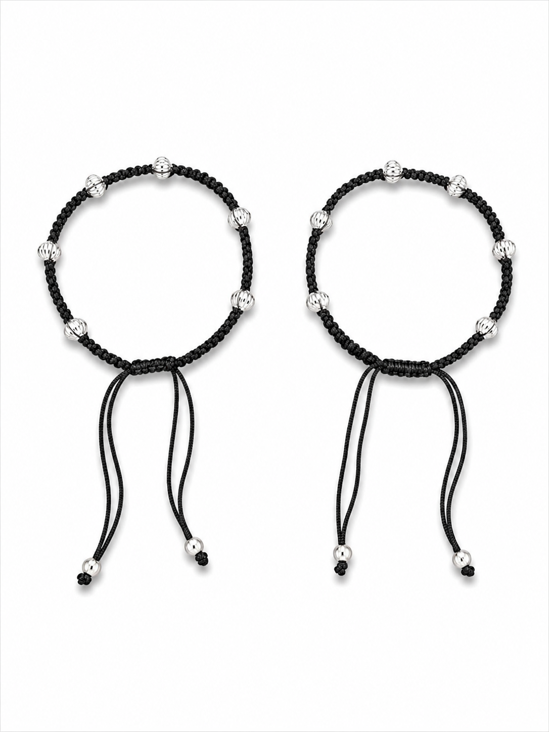 Oxidised Silver-Tone Beaded Black Thread  Adjustable Anklet Pair