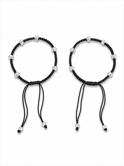 Oxidised Silver-Tone Beaded Black Thread  Adjustable Anklet Pair
