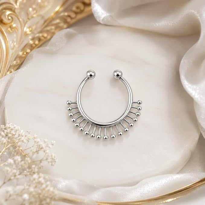 Silver-Tone Fan Design Open Hoop Nose Ring for Women & Girls