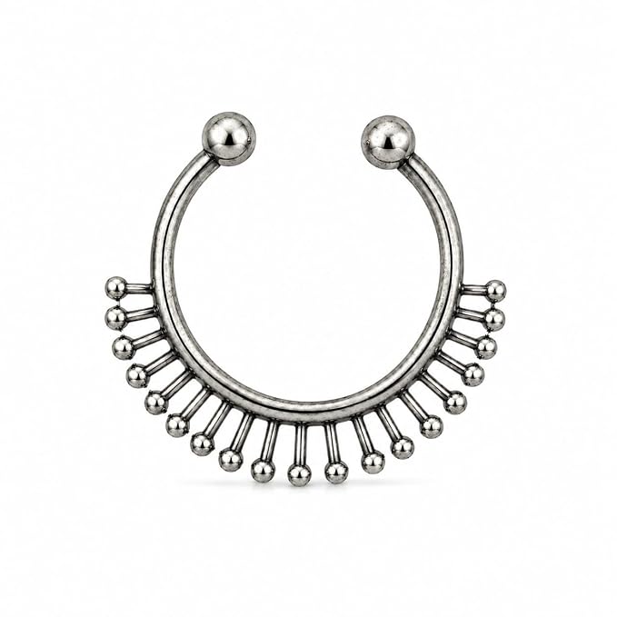 Silver-Tone Fan Design Open Hoop Nose Ring for Women & Girls