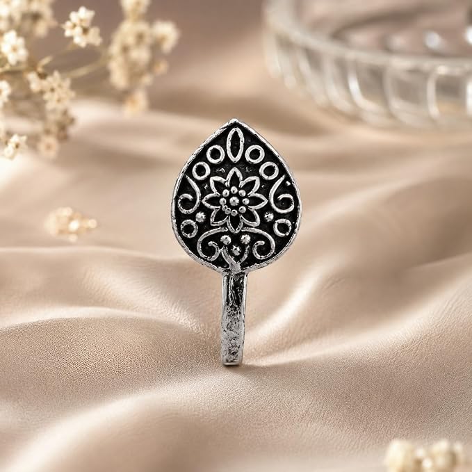 Oxidised Silver-Tone Floral Nose Pin for Women & Girls, Round Engraved Traditional Nath