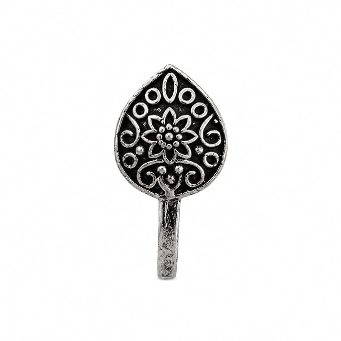 Oxidised Silver-Tone Floral Nose Pin for Women & Girls, Round Engraved Traditional Nath
