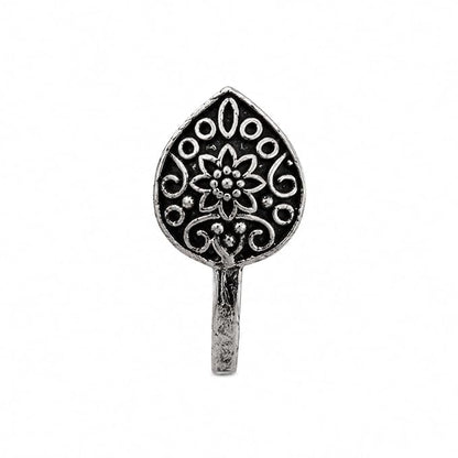 Oxidised Silver-Tone Floral Nose Pin for Women & Girls, Round Engraved Traditional Nath