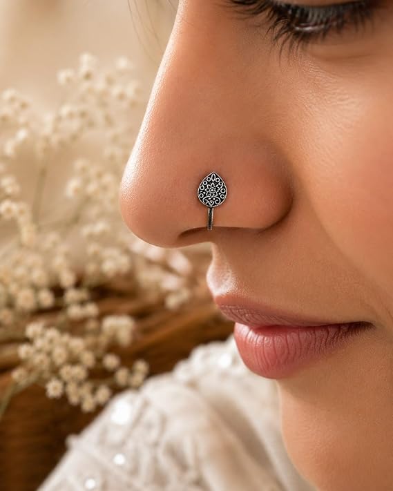 Oxidised Silver-Tone Floral Nose Pin for Women & Girls, Round Engraved Traditional Nath