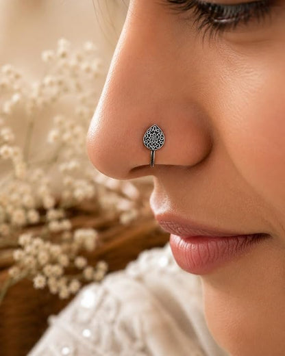 Oxidised Silver-Tone Floral Nose Pin for Women & Girls, Round Engraved Traditional Nath