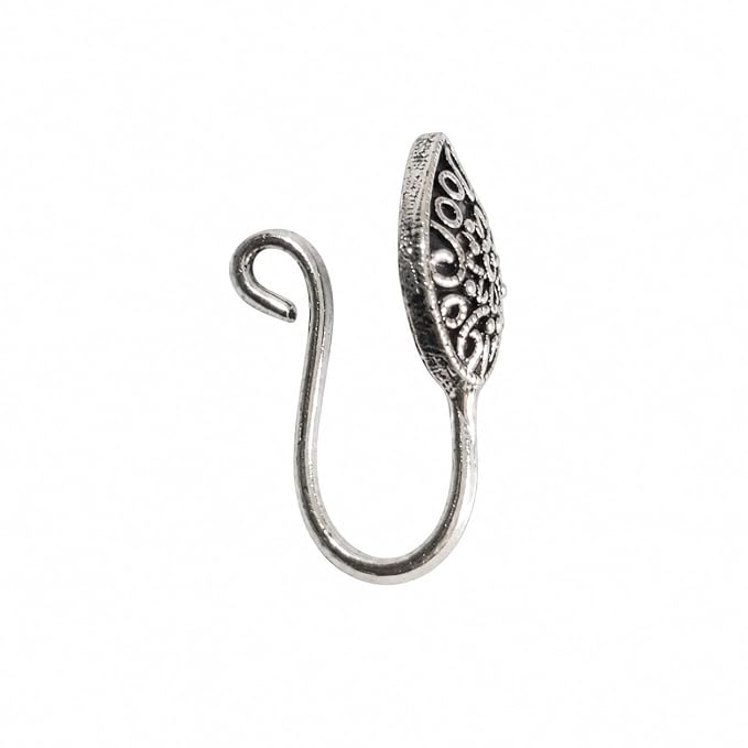 Oxidised Silver-Tone Floral Nose Pin for Women & Girls, Round Engraved Traditional Nath