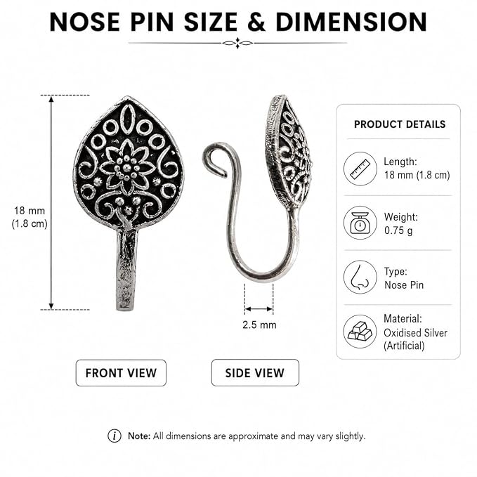 Oxidised Silver-Tone Floral Nose Pin for Women & Girls, Round Engraved Traditional Nath