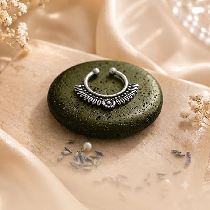 Oxidised Silver-Tone Floral Nose Pin for Women & Girls, Round Engraved Traditional Nath (Copy)