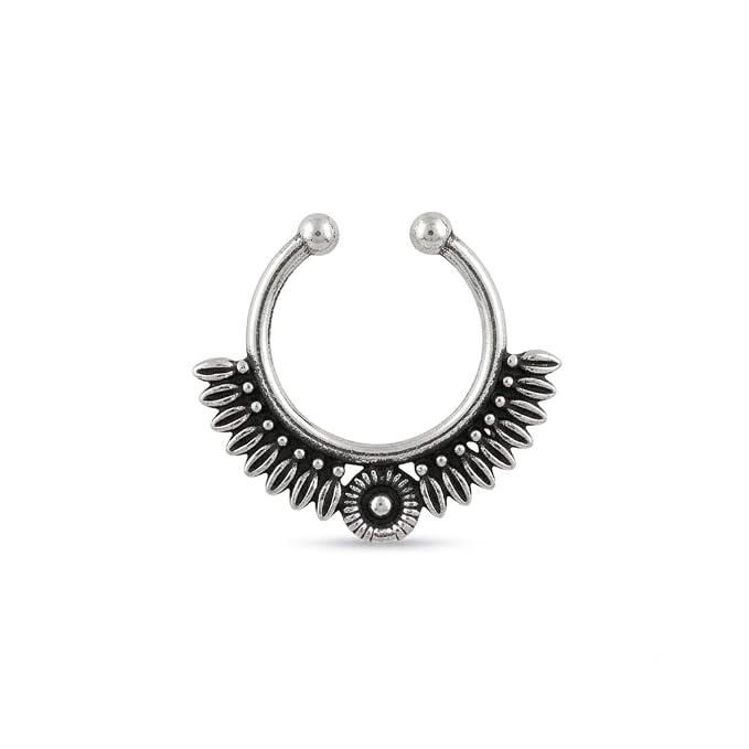 Oxidised Silver-Tone Floral Nose Pin for Women & Girls, Round Engraved Traditional Nath (Copy)