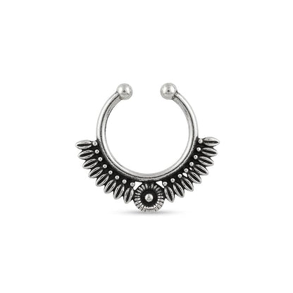 Oxidised Silver-Tone Floral Nose Pin for Women & Girls, Round Engraved Traditional Nath (Copy)