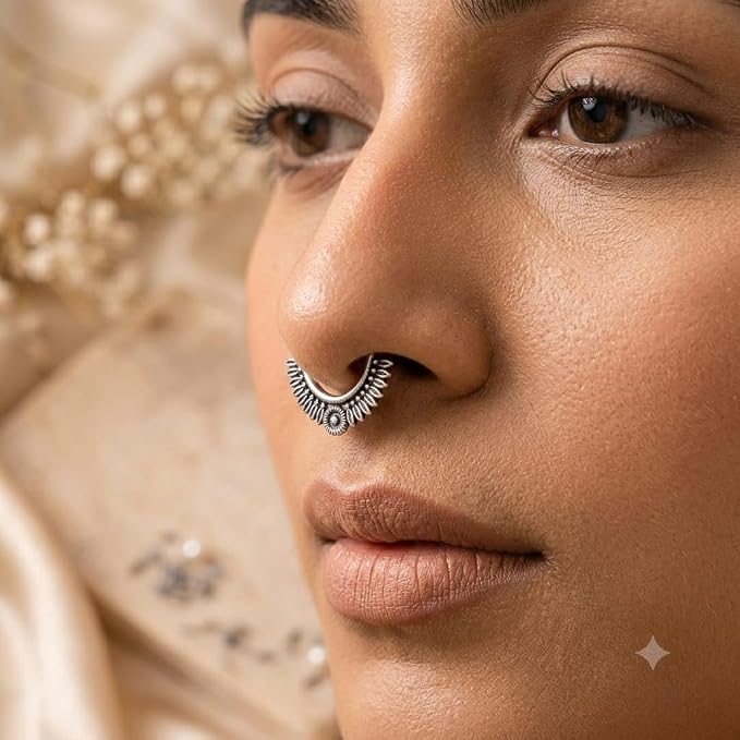 Oxidised Silver-Tone Floral Nose Pin for Women & Girls, Round Engraved Traditional Nath (Copy)