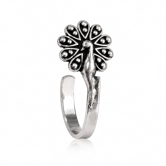 Oxidised Silver-Tone Peacock Nose Pin for Women & Girls, Floral Feather Design Nath