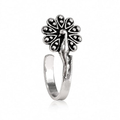 Oxidised Silver-Tone Peacock Nose Pin for Women & Girls, Floral Feather Design Nath