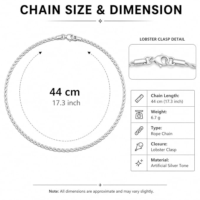 Silver-Tone Artificial Twisted Rope Chain Necklace for Women & Girls