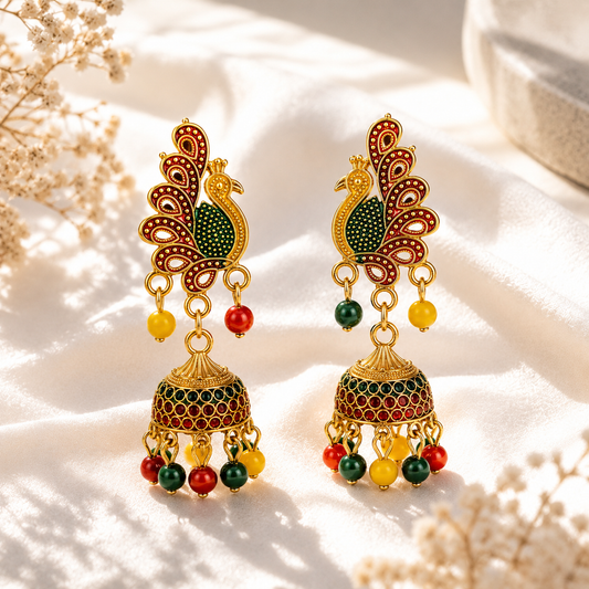 Gold Plated Multicolor Peacock Jhumka Earring