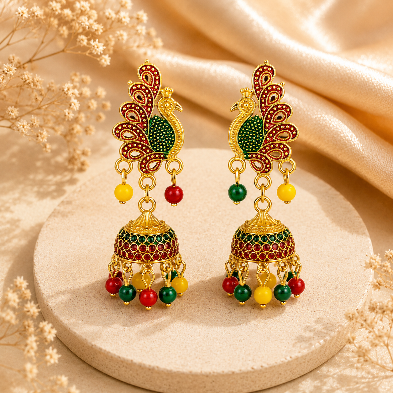 Gold Plated Multicolor Peacock Jhumka Earring