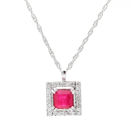 Rectangular Ruby color stone & 7mm white stone pendant with chain