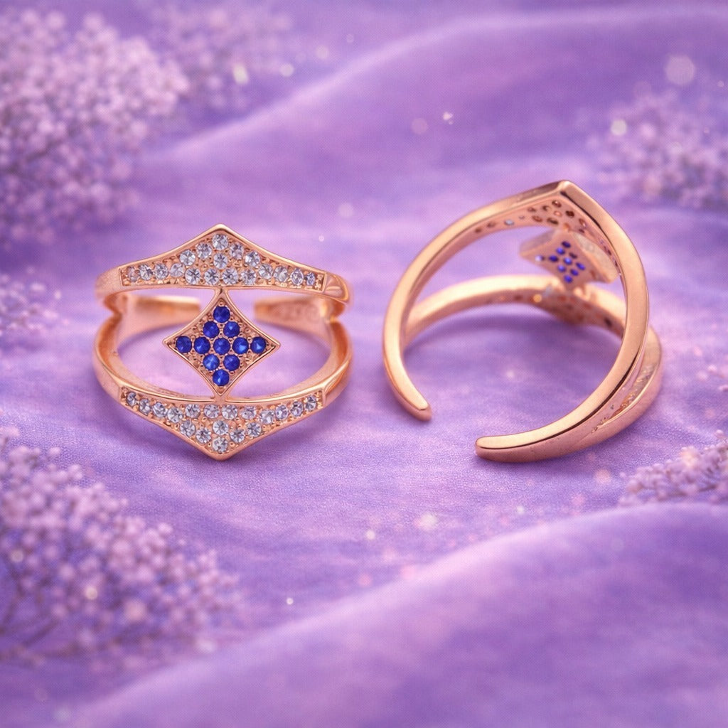 Rose Gold Toe Ring Blue CZ Diamond Shape Design