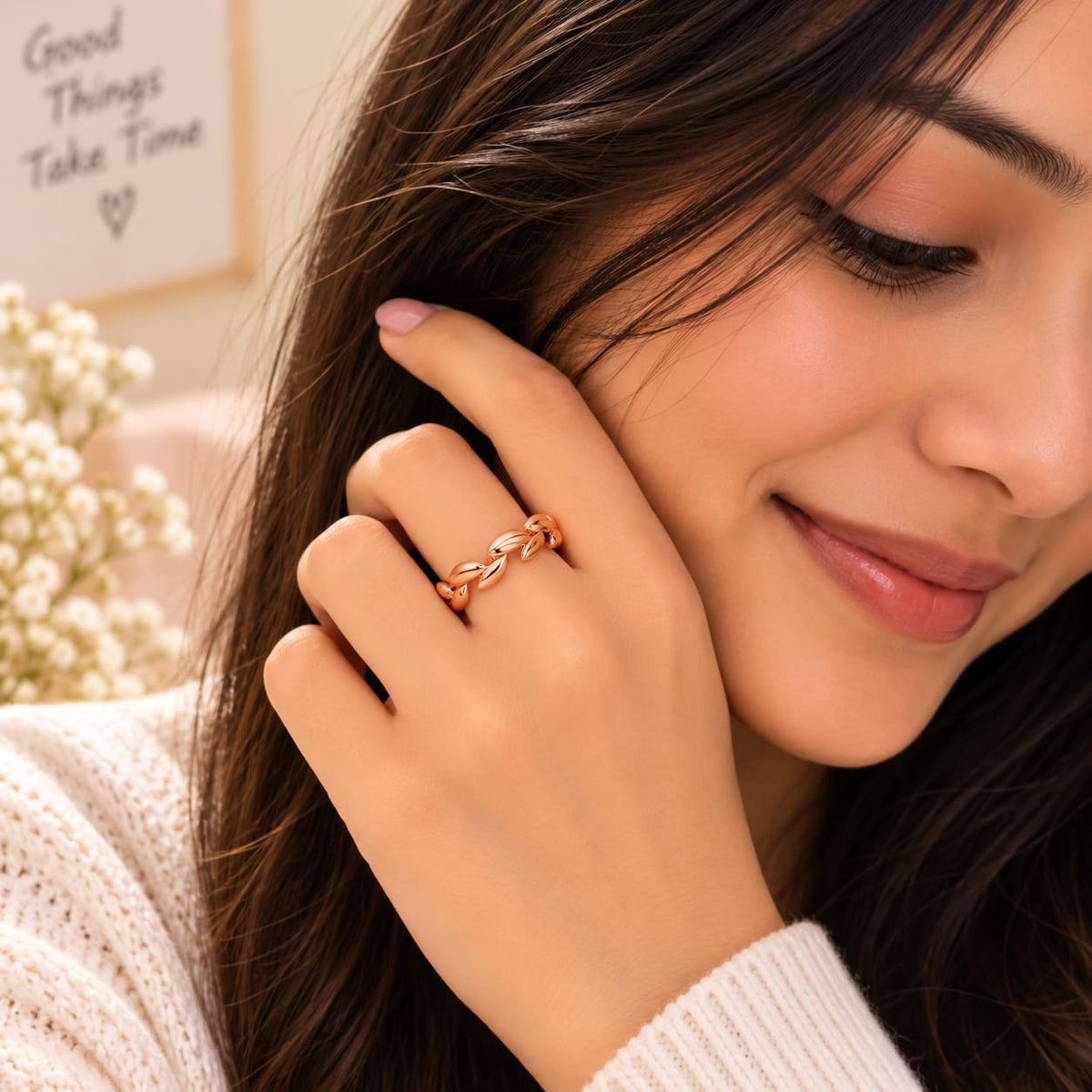 Rose Gold Plated Leaf adjustable Ring