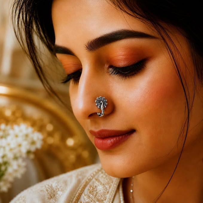 Oxidised Silver-Tone Peacock Nose Pin for Women & Girls, Floral Feather Design Nath