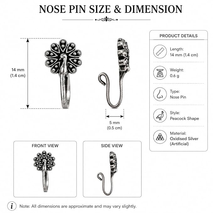 Oxidised Silver-Tone Peacock Nose Pin for Women & Girls, Floral Feather Design Nath